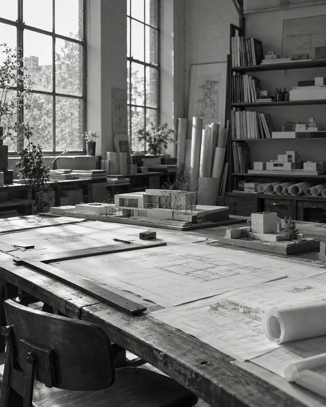 A nostalgic architectural studio illustration with a drafting table and architectural models